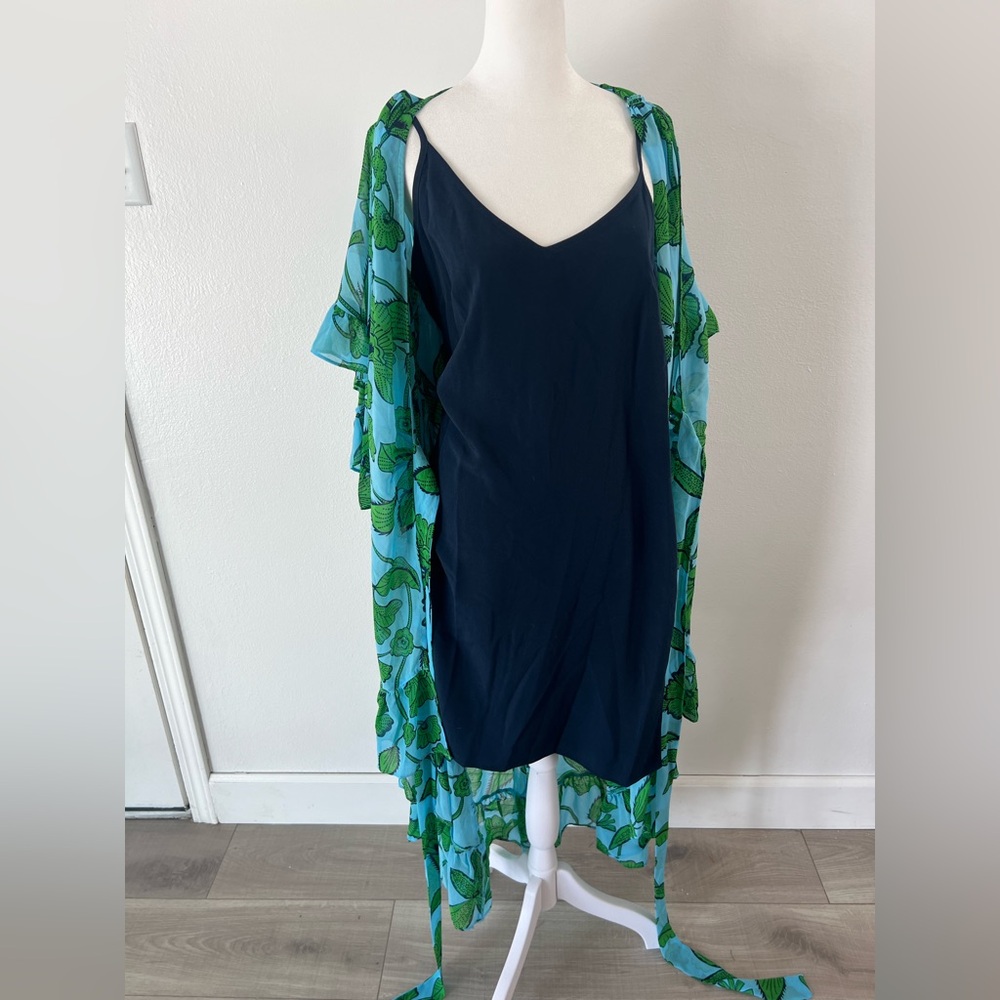 CAbi Derby Dress Light Blue & Green Flutter Sleeve True Wrap Midi Dress Small - Picture 9 of 11